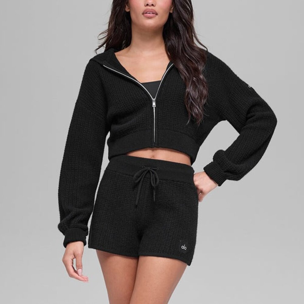 Alo Yoga Cashmere Plush Waffle Hoodie + Shorts SET - Black - Size Medium